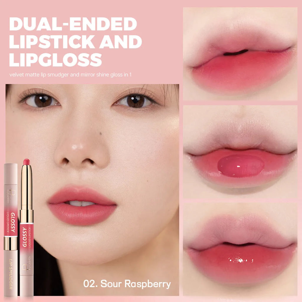 Double-headed lipstick with two colour tips showing matte finish, available in 10 colour variations