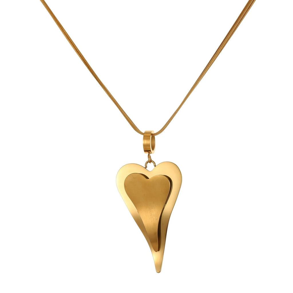 Geometric double heart pendant necklace with snake bones chain in gold or steel finish