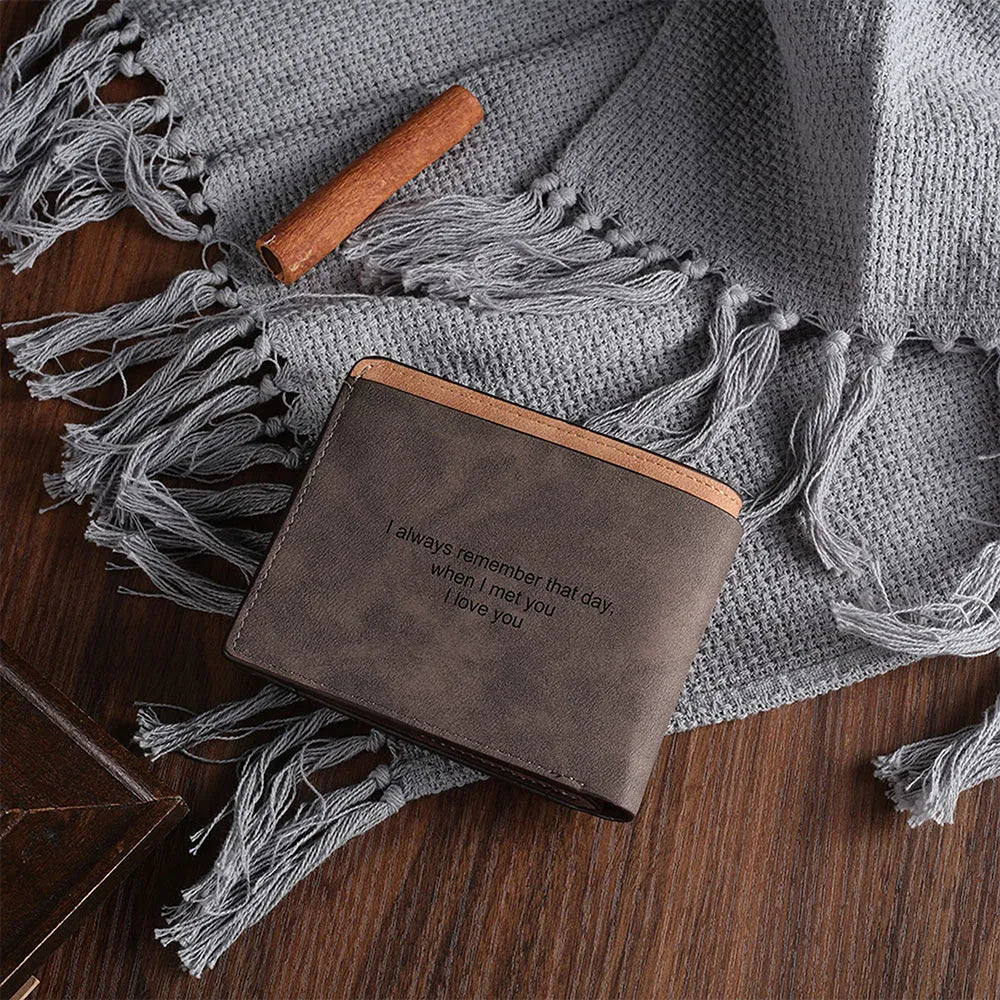 Coffee coloured engraved PU men's wallet showing custom photo and text personalisation.