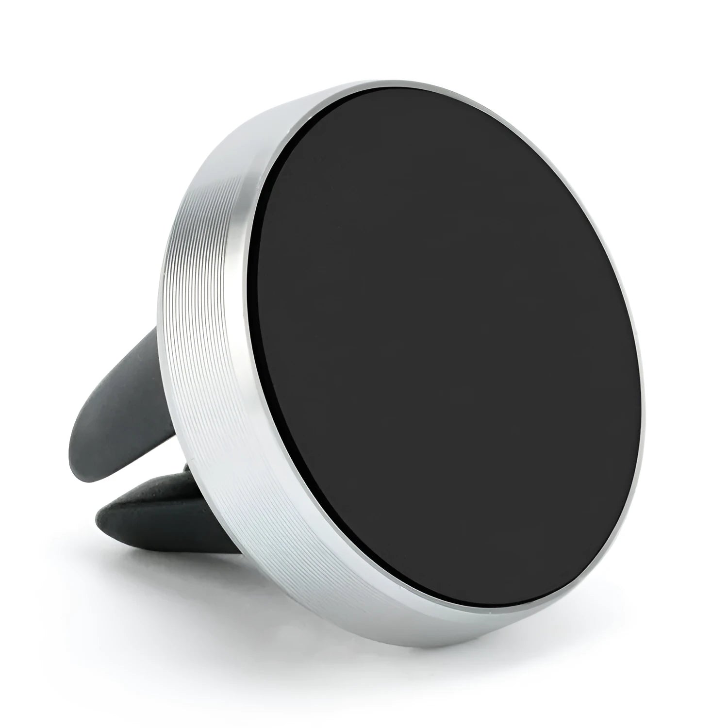 A compact metal magnetic phone holder clipped to a car air vent.