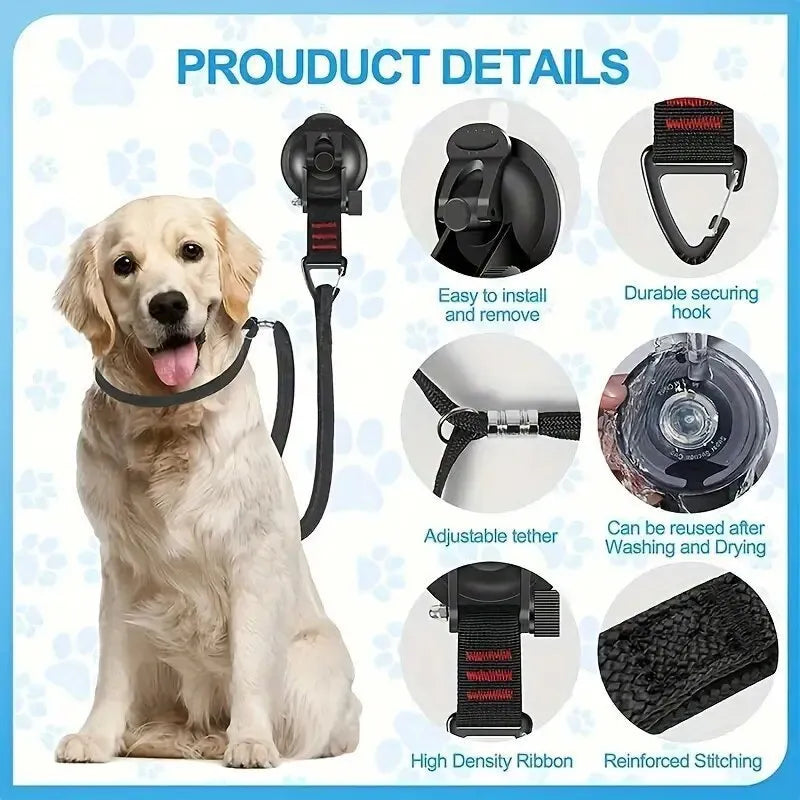 Pet bathing fixed artifact with suction cup handcuffs and traction rope in black colour, showing large and small suction cup sizes
