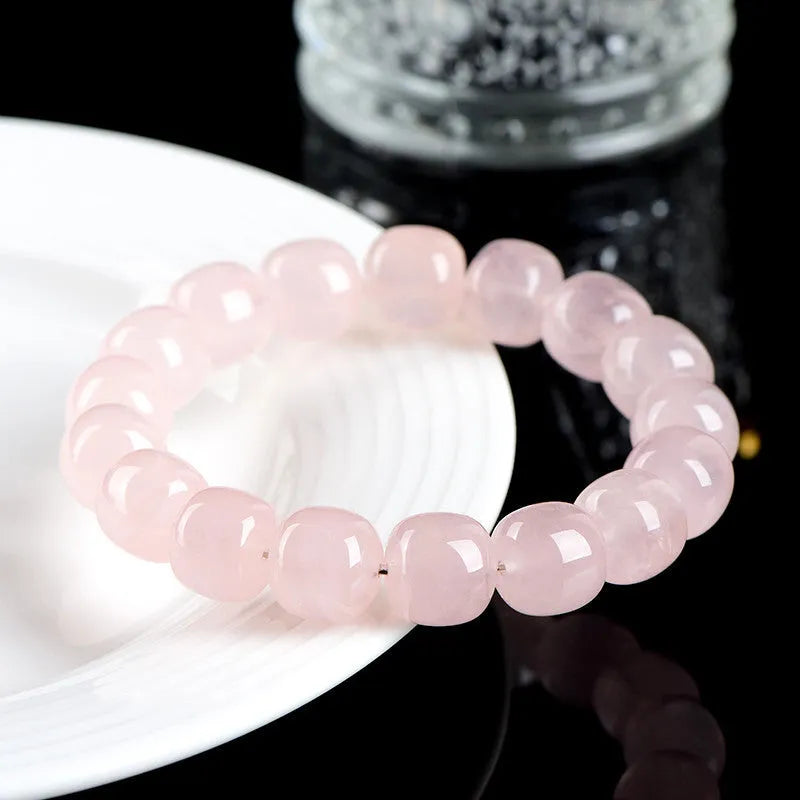 Natural bamboo crystal barrel bead bracelet with 11x12mm pink geometric beads and unisex design