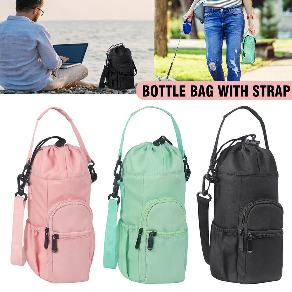 Cloth water bottle pouch with crossbody shoulder strap in black, green, and pink colour options.