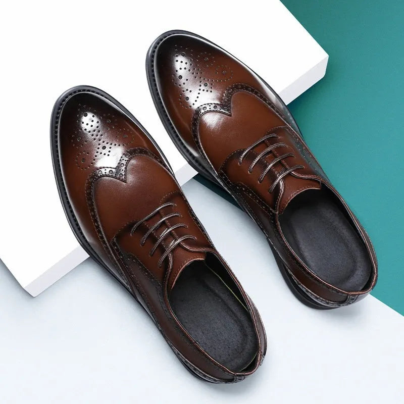 Men's black and brown brogue leather shoes for business occasions with traditional perforated detailing