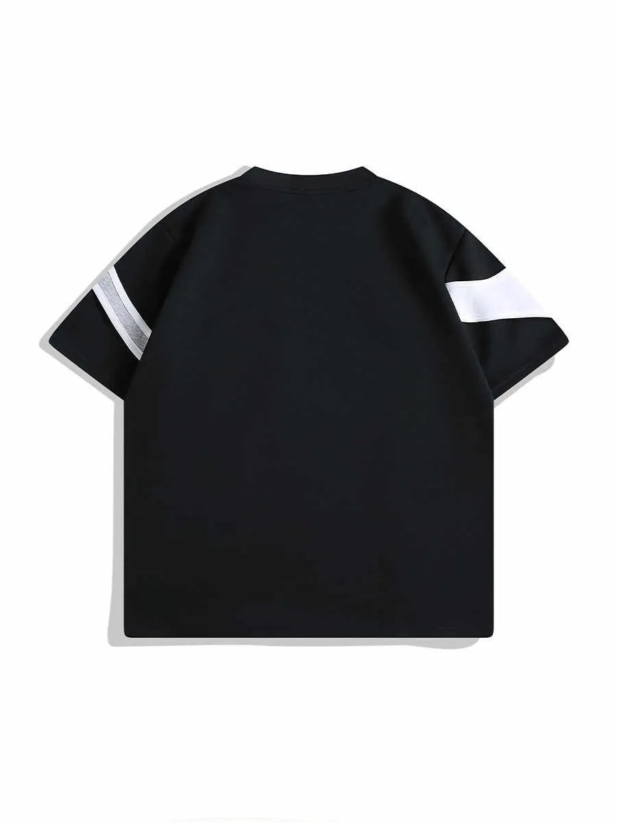 Men's black short sleeve T-shirt showing padded shoulder detail and round neck.