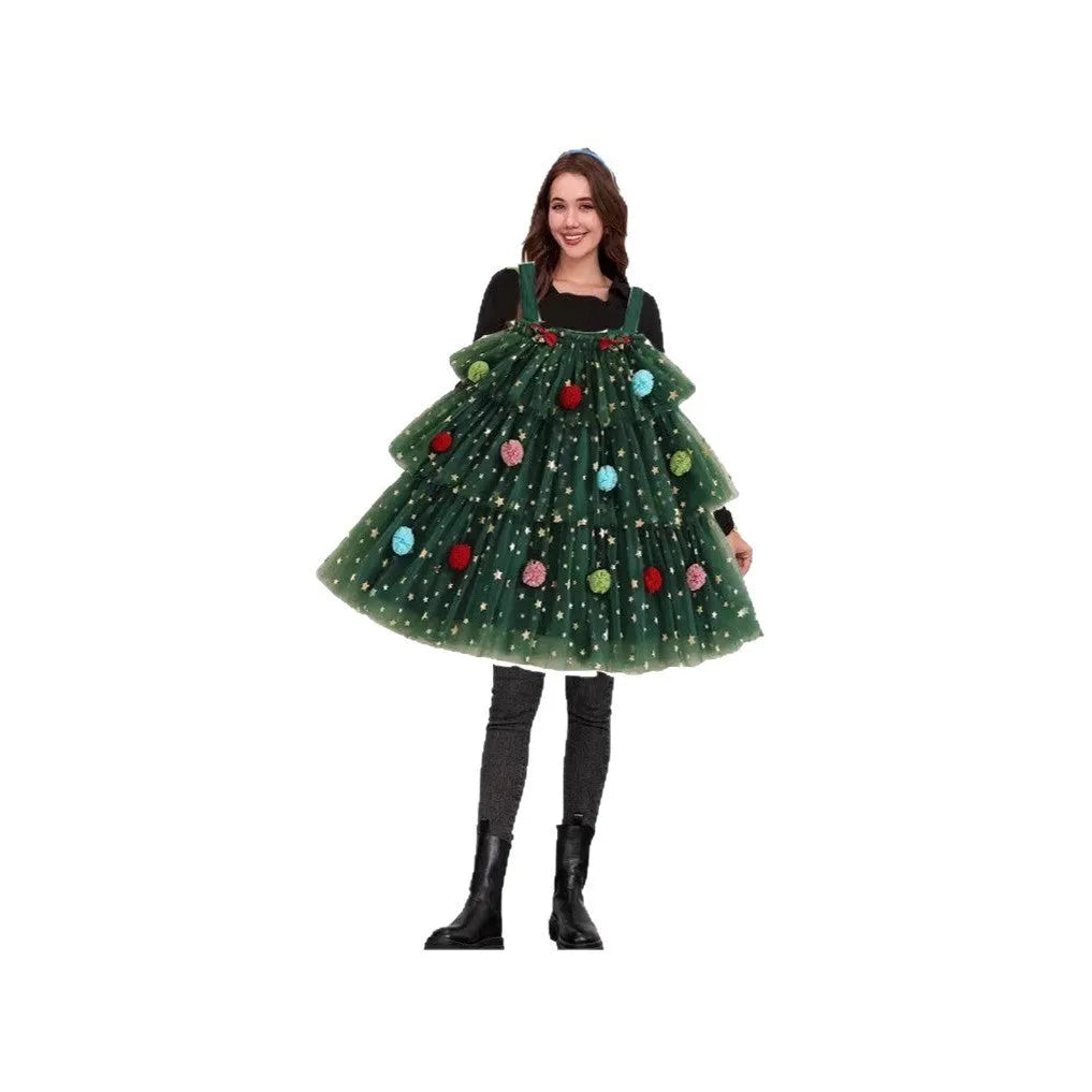 Green Christmas tree pattern suspender dress with polka dot mesh overlay and colourful ball detailing
