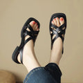 Women's patent leather square-toe sandals in retro style with cross-strap design