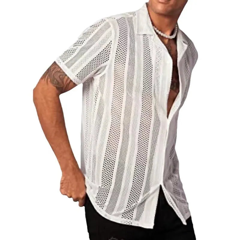 Men's white knitted short-sleeve button shirt with jacquard cardigan street fashion styling