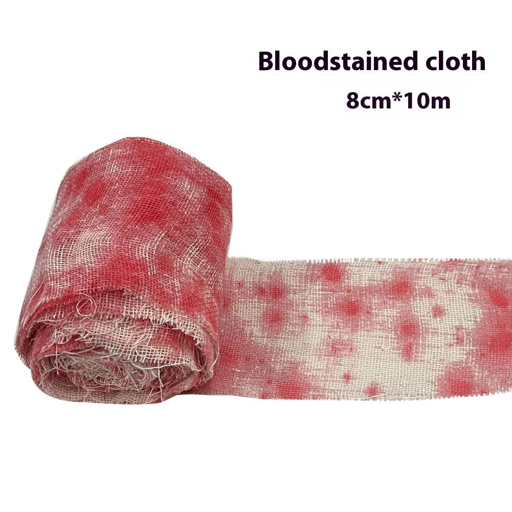 Blood red polyester Halloween bandage roll showing 8cm width, horror costume accessory for mummy wraps