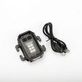 Compact black tactical warning flashlight with a USB charging cable and a clip for backpack mounting.
