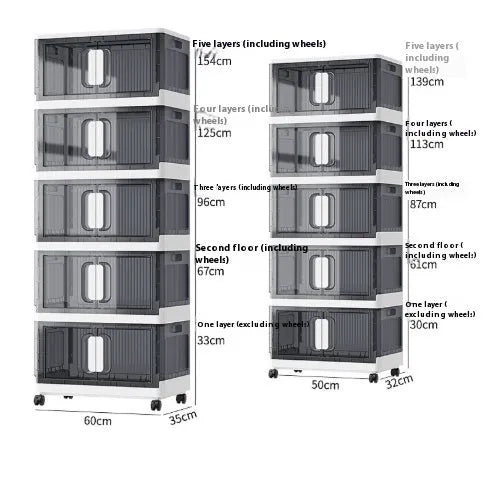 Foldable household storage locker with wheels in white or grey, showing single or double door options.