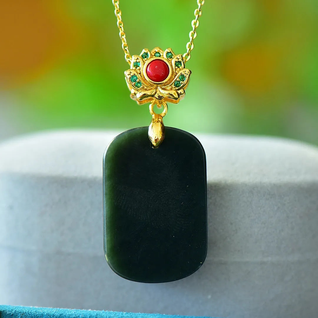 Flat Hetian jade pendant necklace with copper inlay and ink blue jade accents on a chain