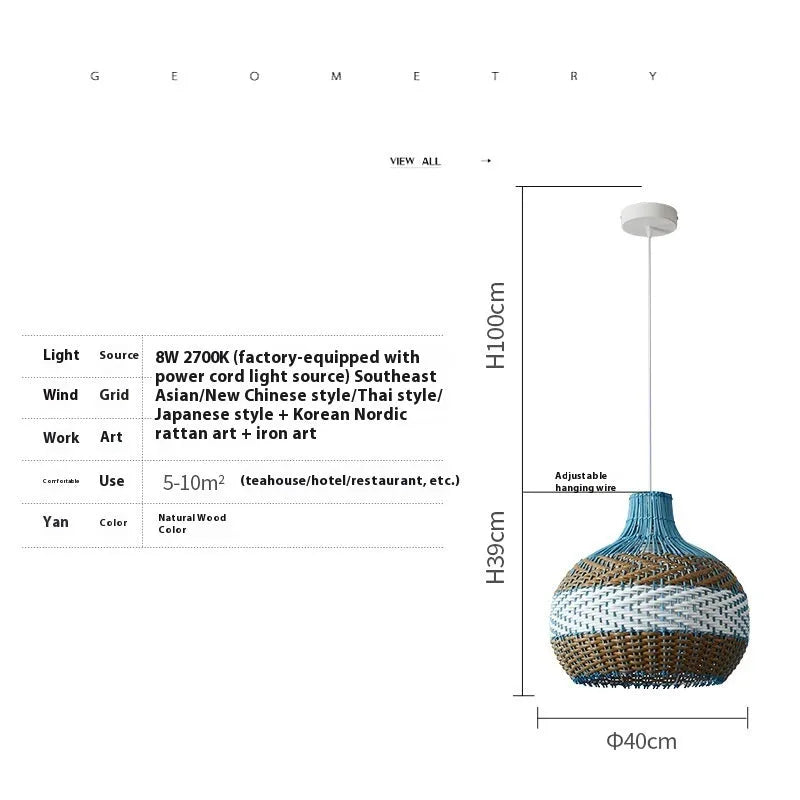 Vine woven rattan pendant lamp with bamboo frame in pastoral southeast Asian style