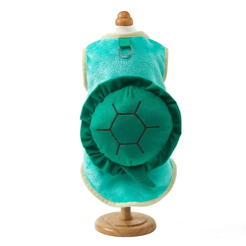 Green flannel pet clothing with cute turtle design on a light background, available in multiple sizes