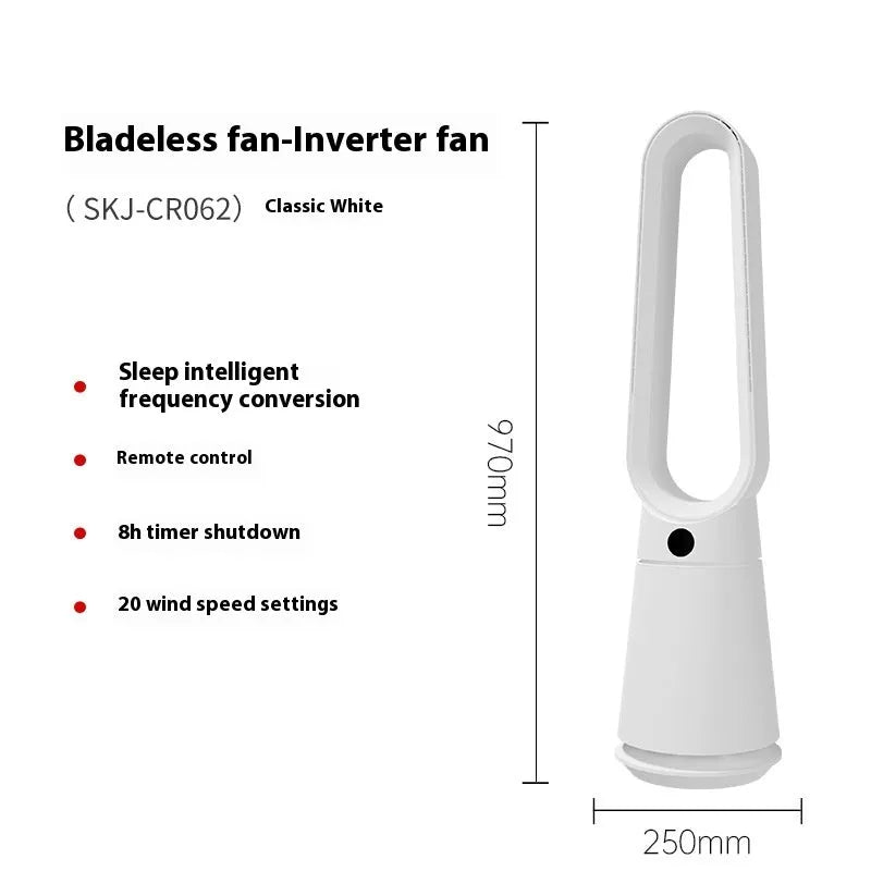 SK white bladeless tower fan with remote control on floor next to desk