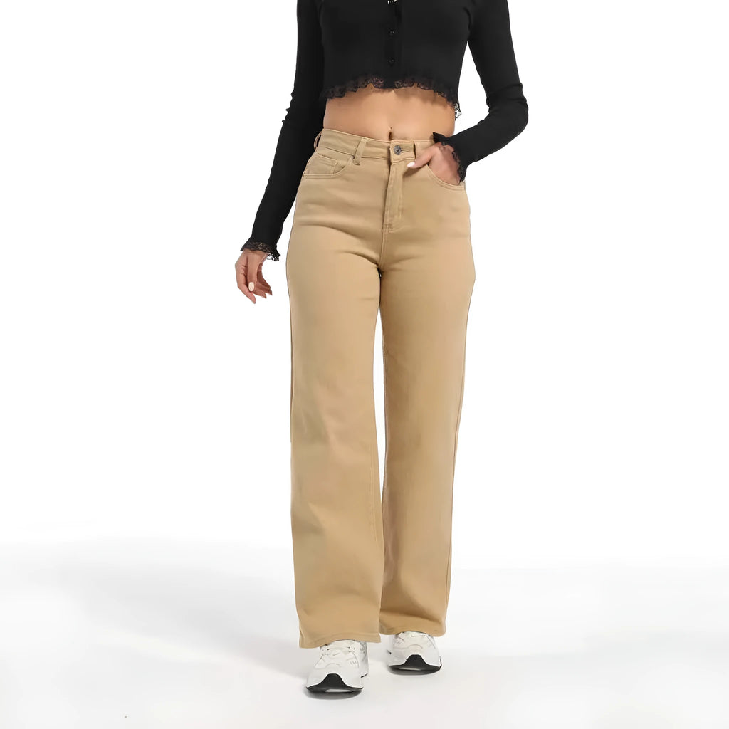 Women's high waist wide leg trousers in apricot and khaki cotton fabric with elastic waistband