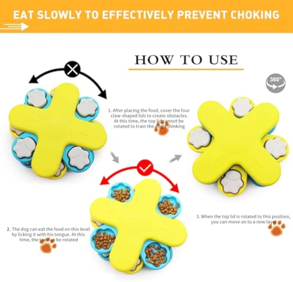 Yellow interactive dog puzzle feeder bowl with rotating lids and anti-slip base.