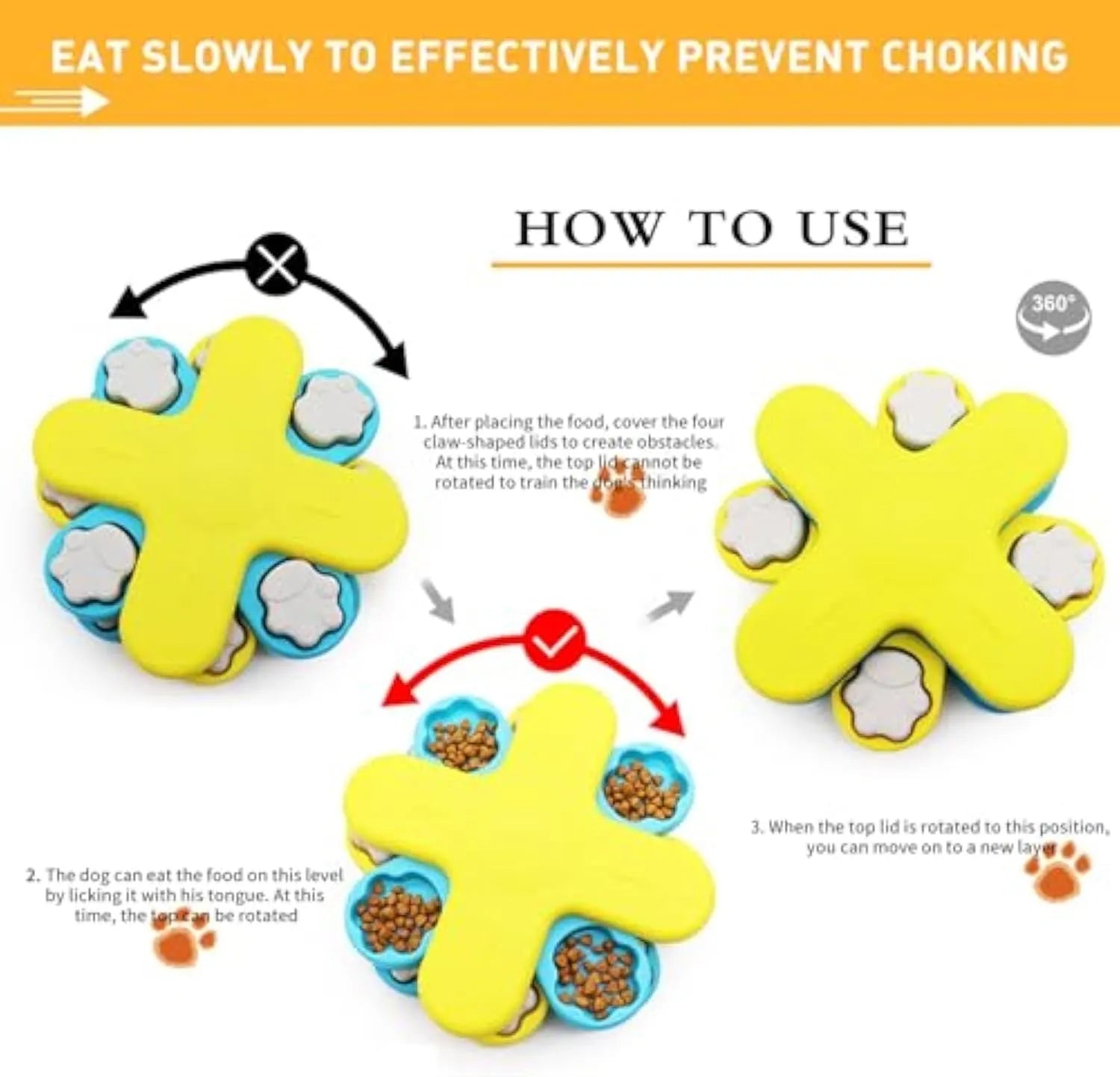 Yellow interactive dog puzzle feeder bowl with rotating lids and anti-slip base.