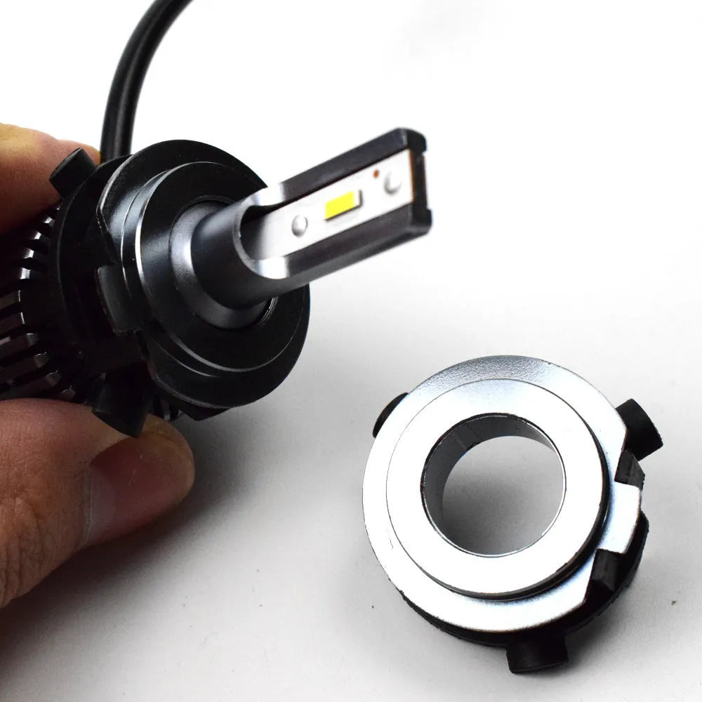 White ABS plastic car LED headlight bulb holder bracket, 3.8 by 3.7 cm.