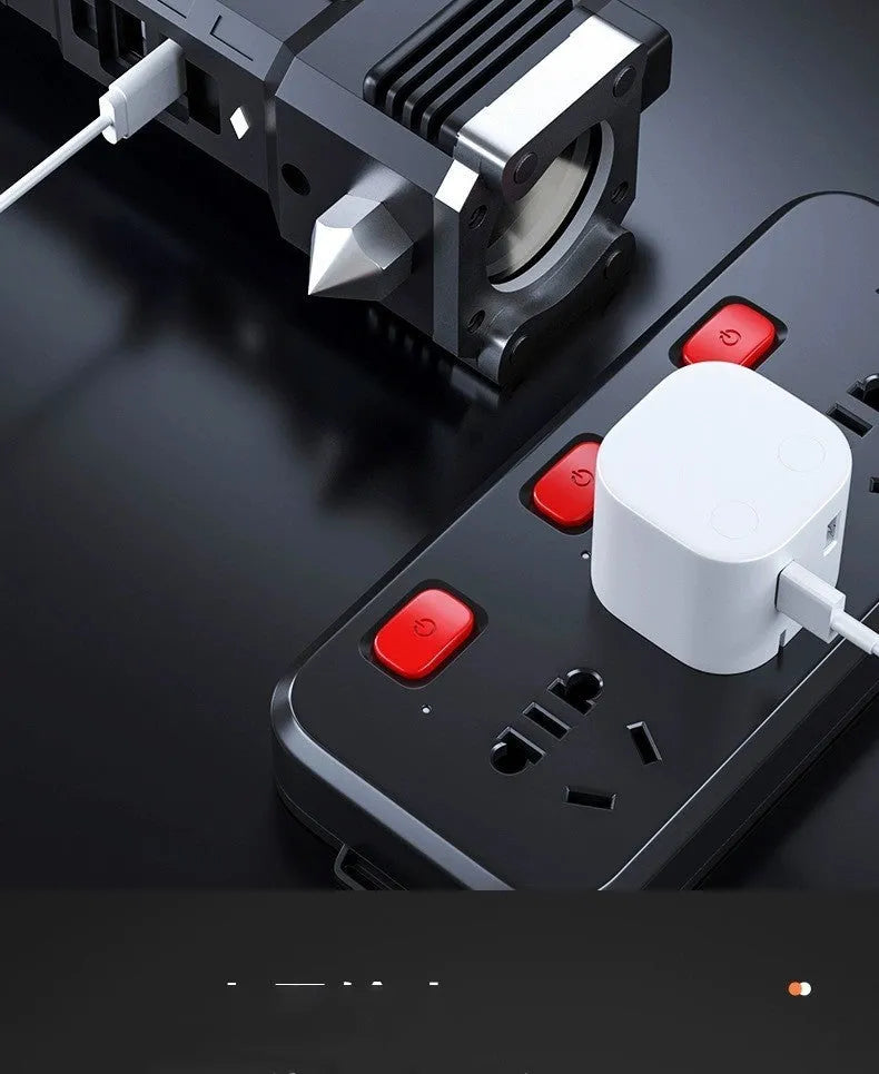 Silver portable LED power bank flashlight with plastic shell, shown as an emergency and camping light.