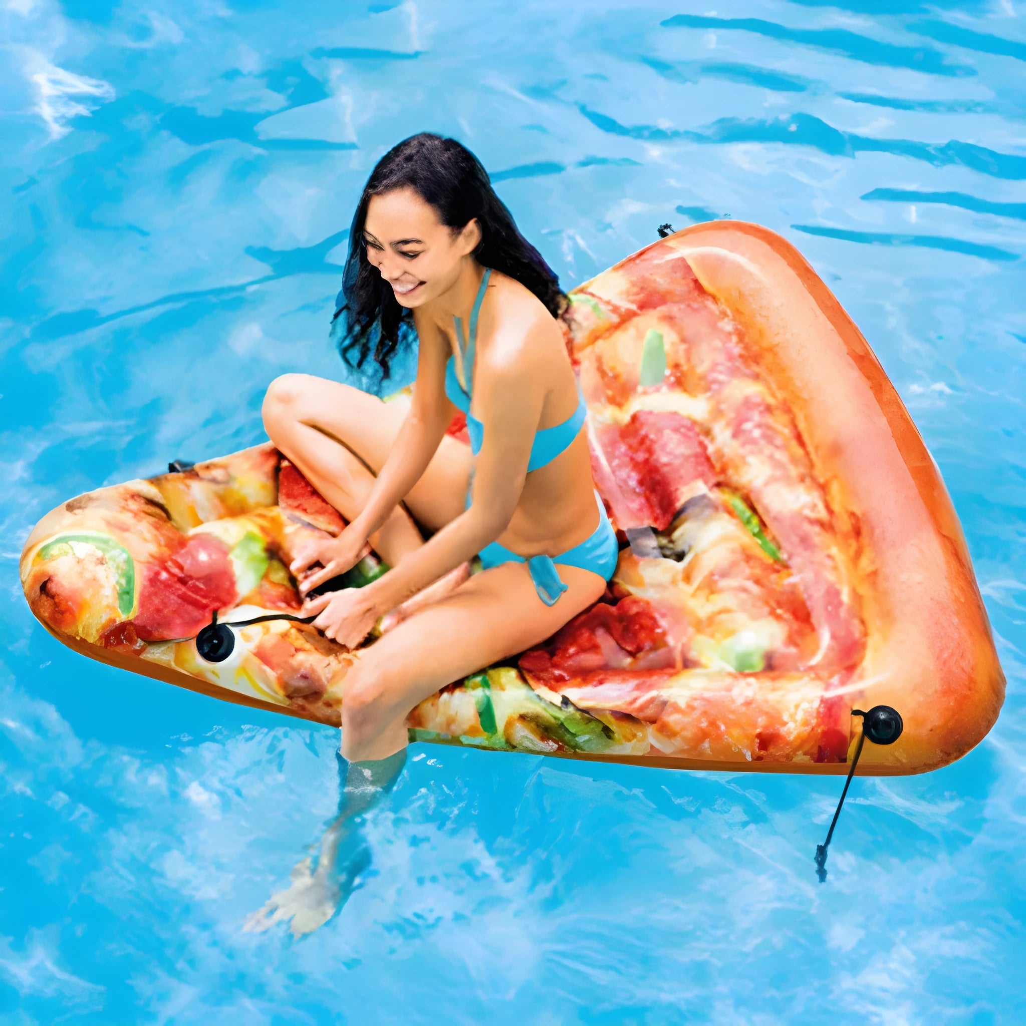 Large inflatable pizza-themed surfboard float on water, dimensions 175cm by 145cm.
