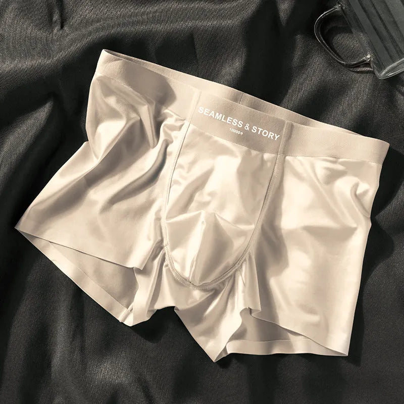 Men's ice silk underwear with satin finish in mid waist traceless design