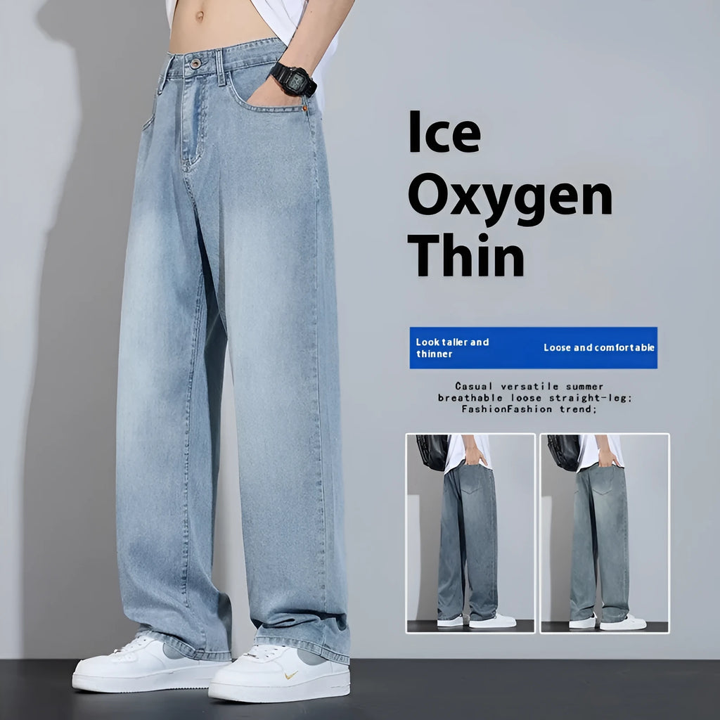 Straight-leg ice silk denim trousers in UK2560 blue with wide-leg cut and zip placket fly