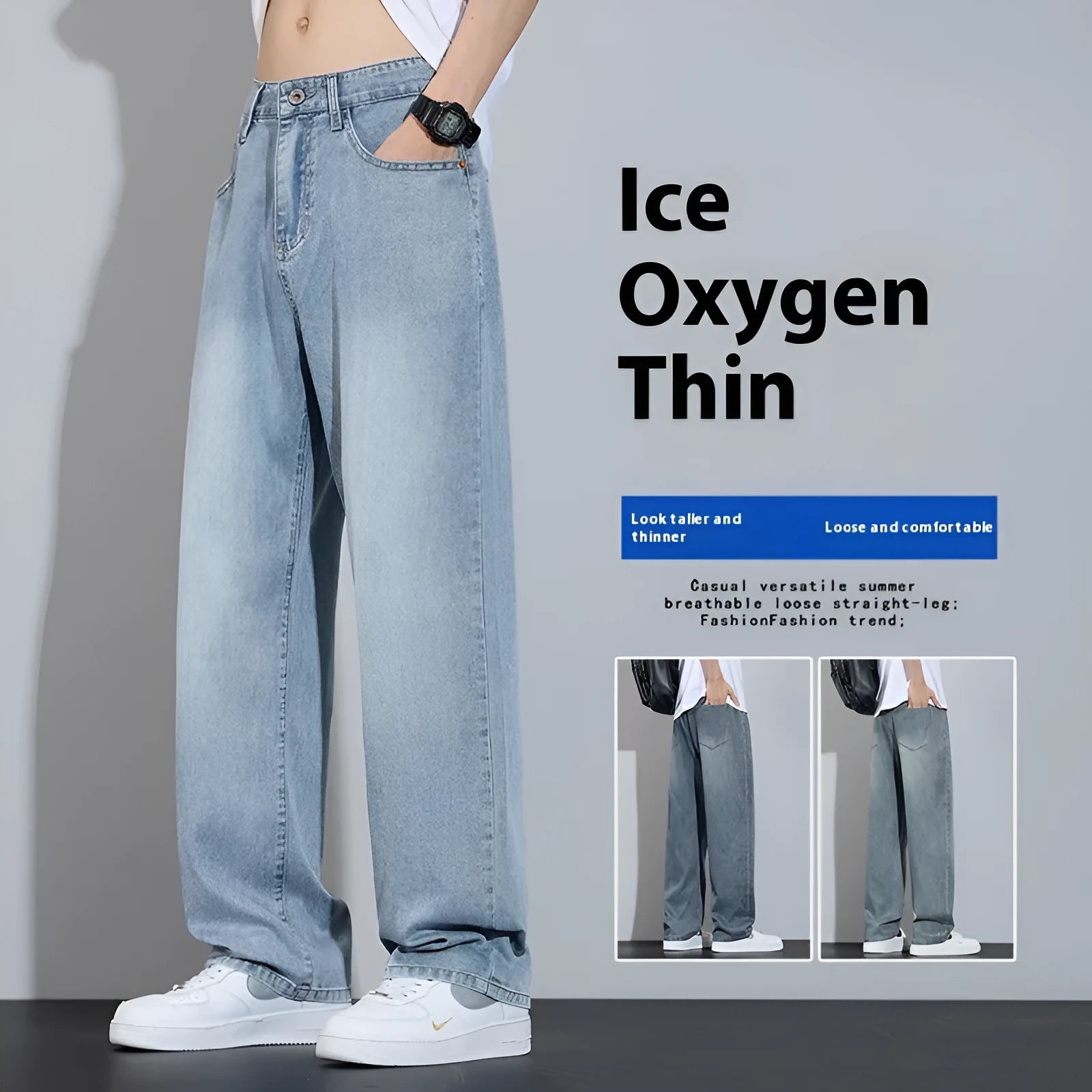 Straight-leg ice silk denim trousers in UK2560 blue with wide-leg cut and zip placket fly
