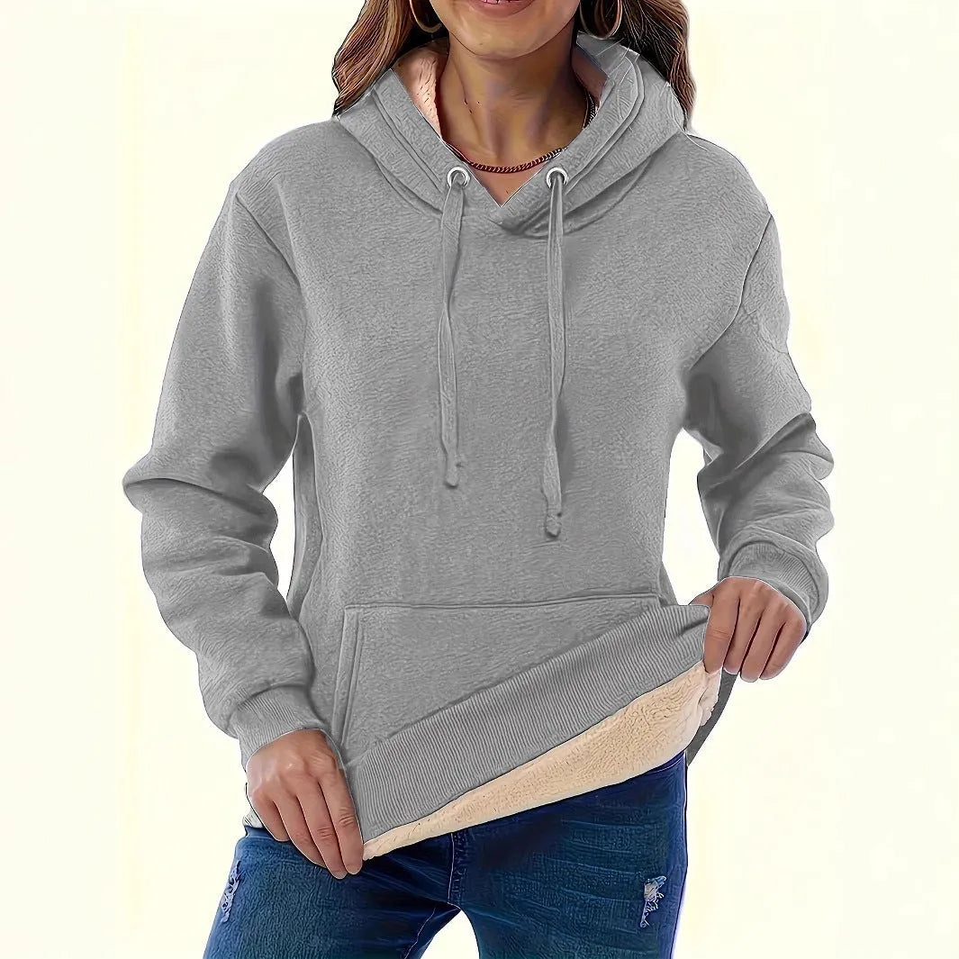 Women's loose-fitting hooded sweater with front pockets in thick polyester fabric