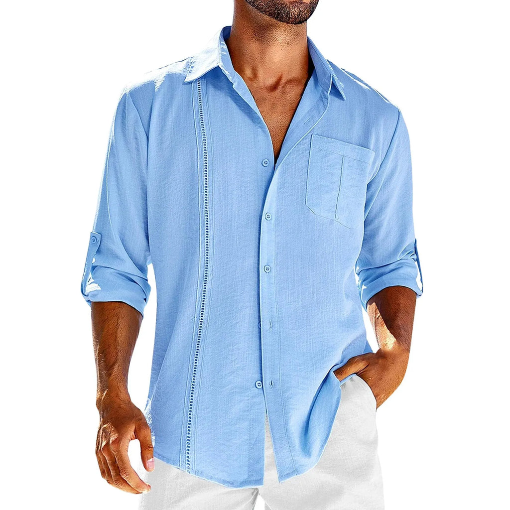 Men's gray long sleeve casual shirt with a lace-trimmed polo collar and a chest pocket.