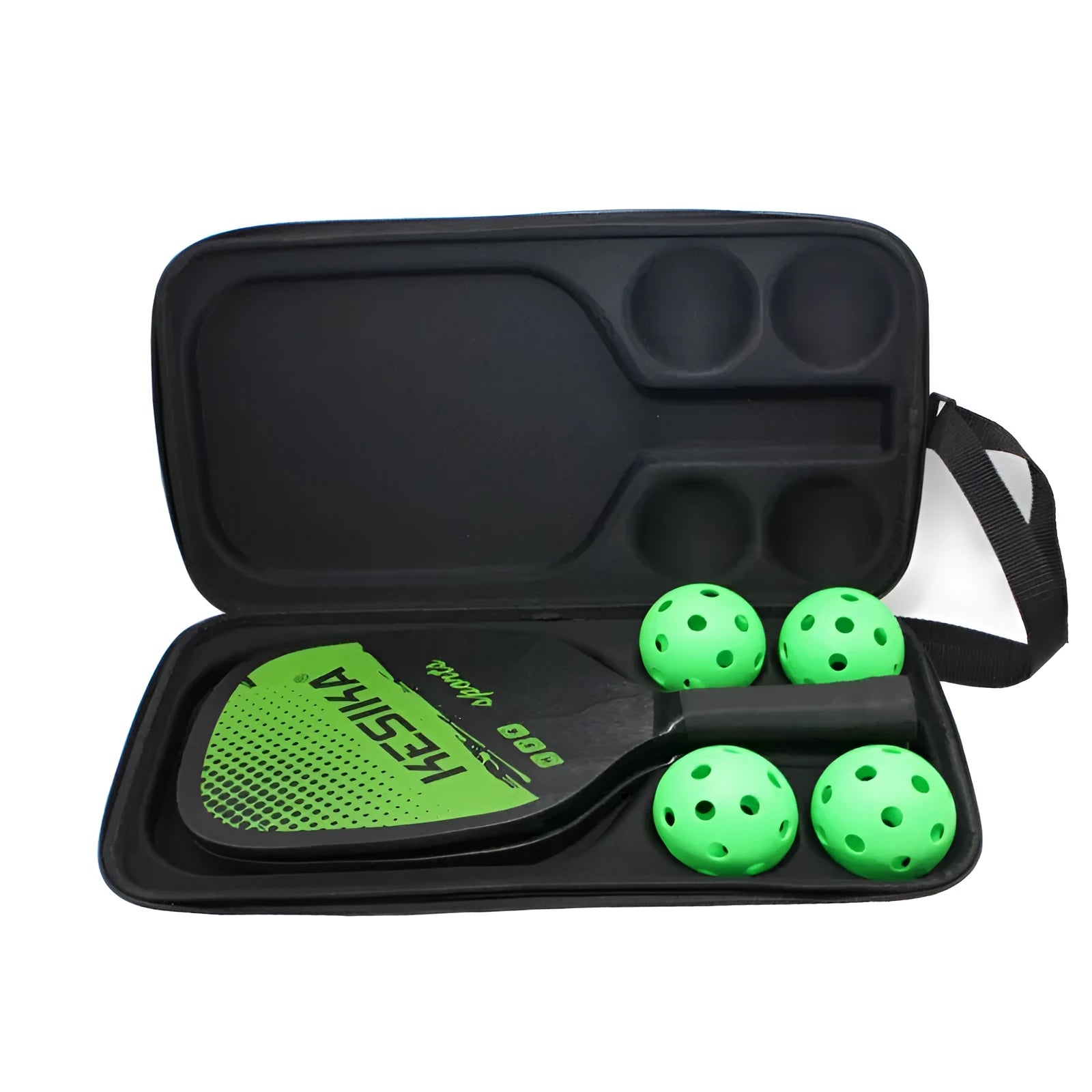 Black EVA pickleball racket storage box with shoulder straps, shown holding a racket and balls.