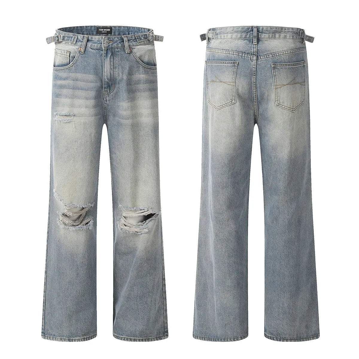 Blue straight-leg men's jeans with ripped detailing and retro summer styling