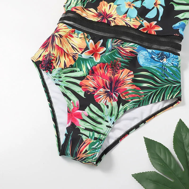 One-piece printed bikini for women in coloured floral pattern on polyester fabric