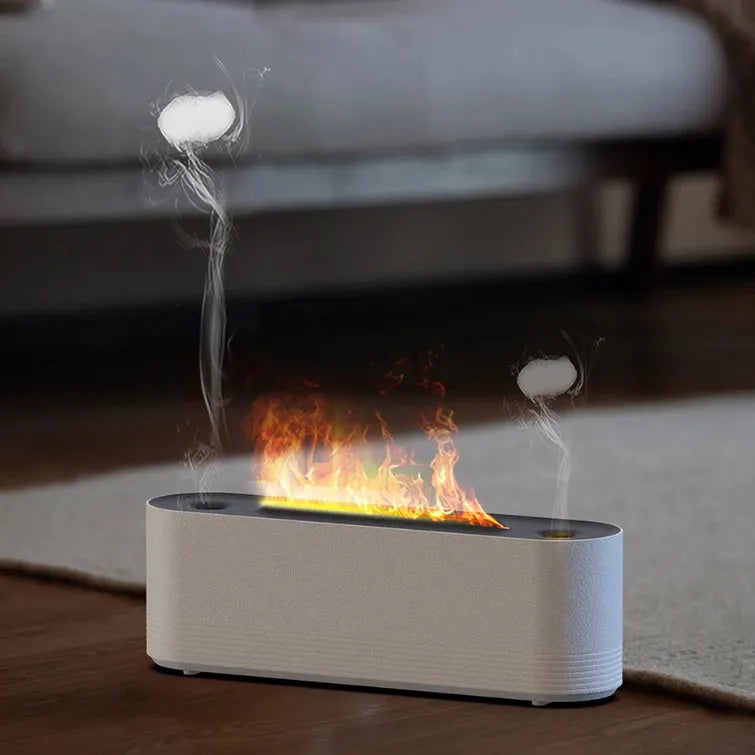 Black Flame Air Ultrasonic Humidifier emitting cool mist with a multi-colour LED flame light effect on a wooden table.
