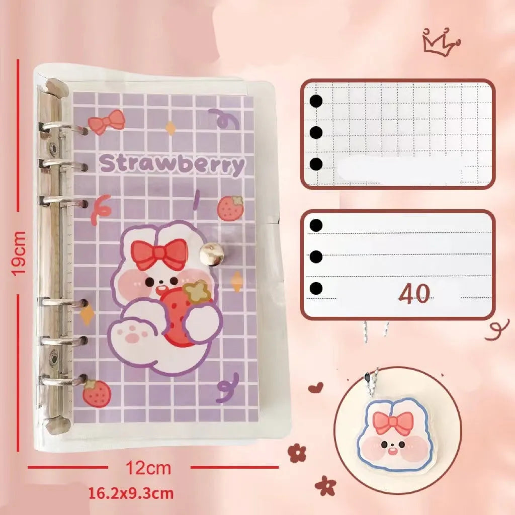 A6 size loose-leaf coil notebook with heart-themed bear design, showing coil binding and 6-hole edge.