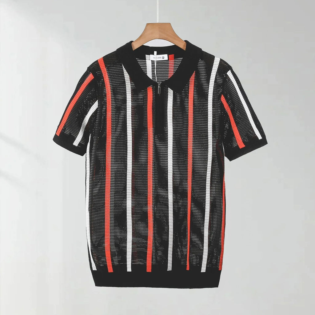 Hollow mesh short-sleeved knit polo shirt in loose fit ice silk viscose for summer.