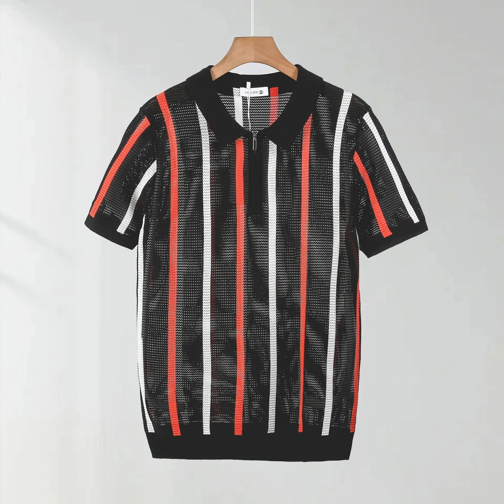 Hollow mesh short-sleeved knit polo shirt in loose fit ice silk viscose for summer.