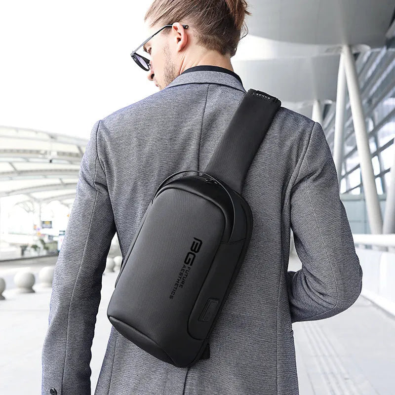 Men's business shoulder bag with USB port in oxford cloth construction showing black, blue, camouflage and dark grey colour options