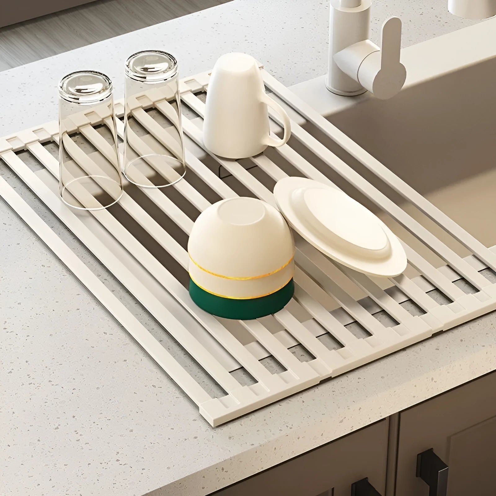 Milky white 304 stainless steel foldable kitchen draining rack with tri-fold design