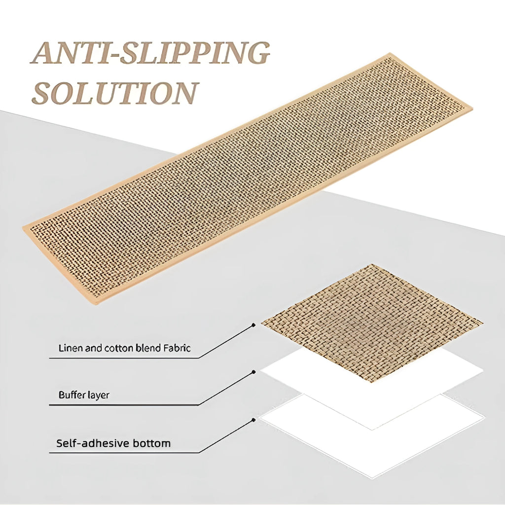 Japanese-style linen-look stair mat in camel colour with a rubber sole on a wooden step.