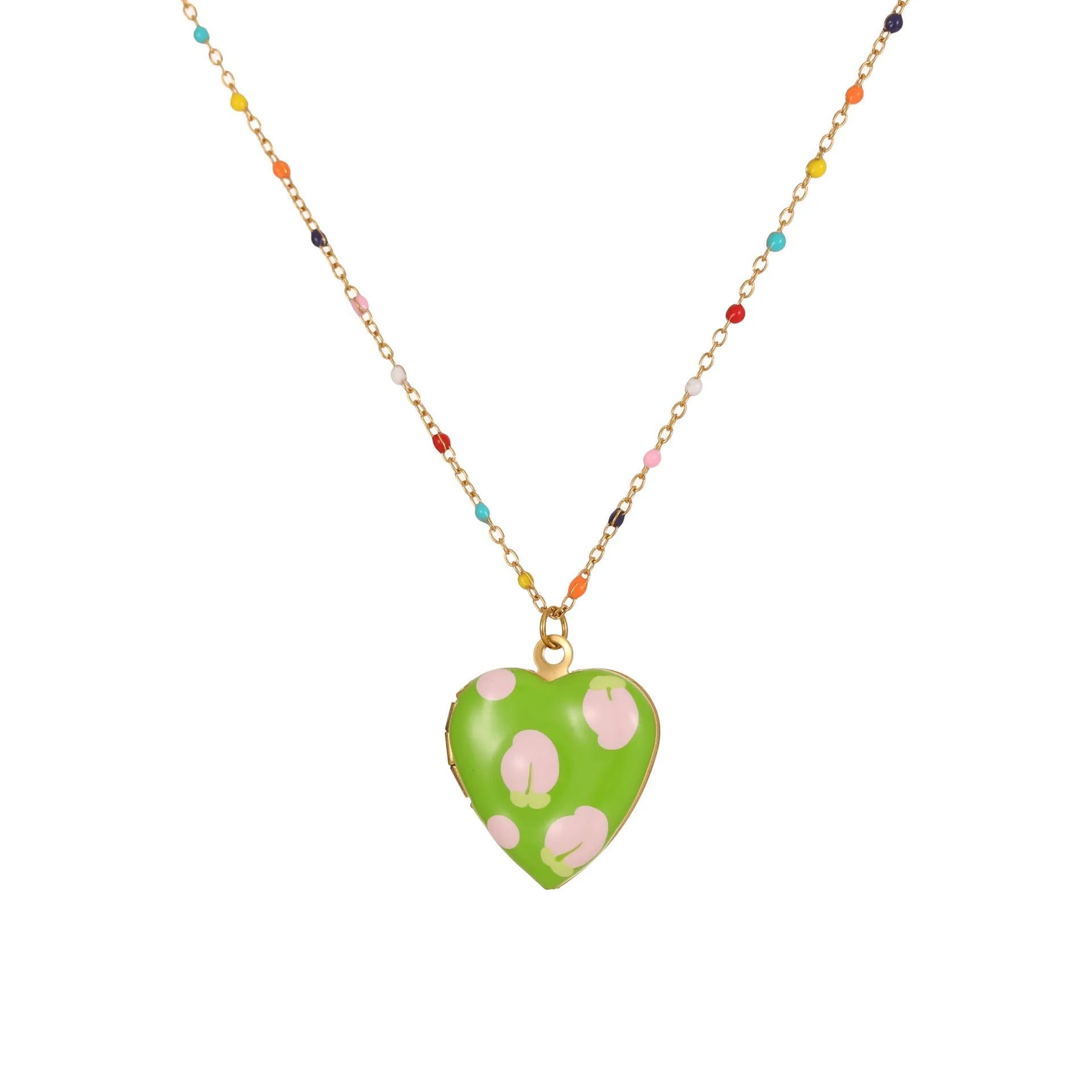 Stainless steel necklace with gold plated heart pendant featuring fruit design on adjustable chain