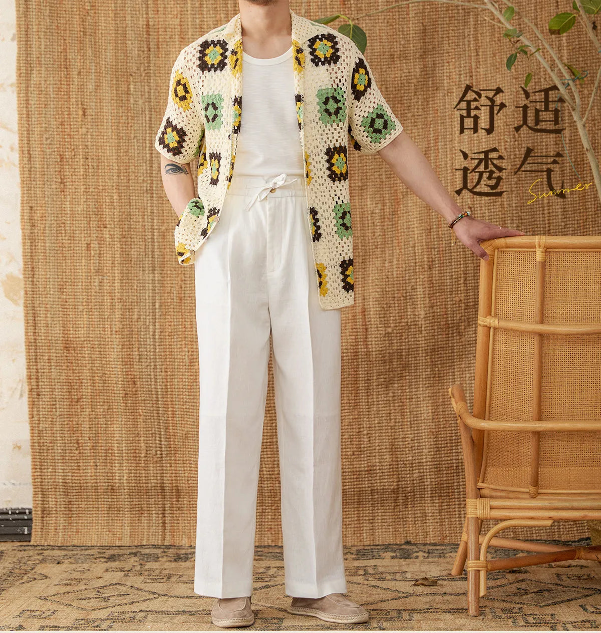 Linen loose high waist trousers with elasticated waistband in straight-leg cut