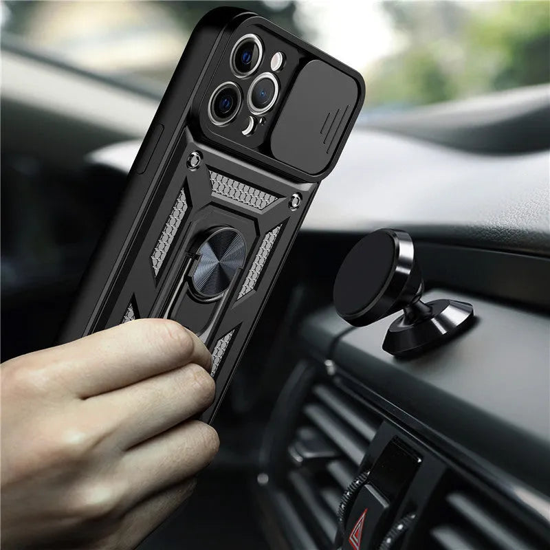 Sergeant sliding window mobile phone case with magnetic bracket on back, shown in blue colour.