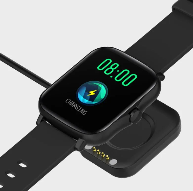 Smart watch with 1.7-inch colour touch screen on adjustable silicone strap in blue, black, or gold