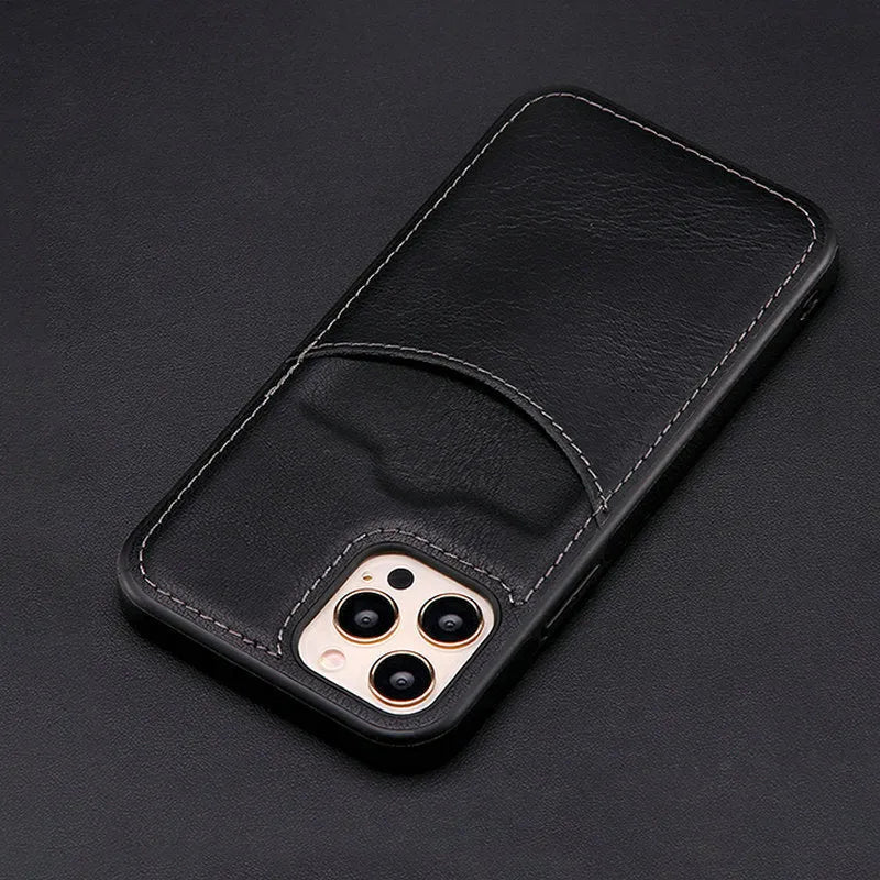 Dark blue PU leather protective phone case for iPhone business smartphones.