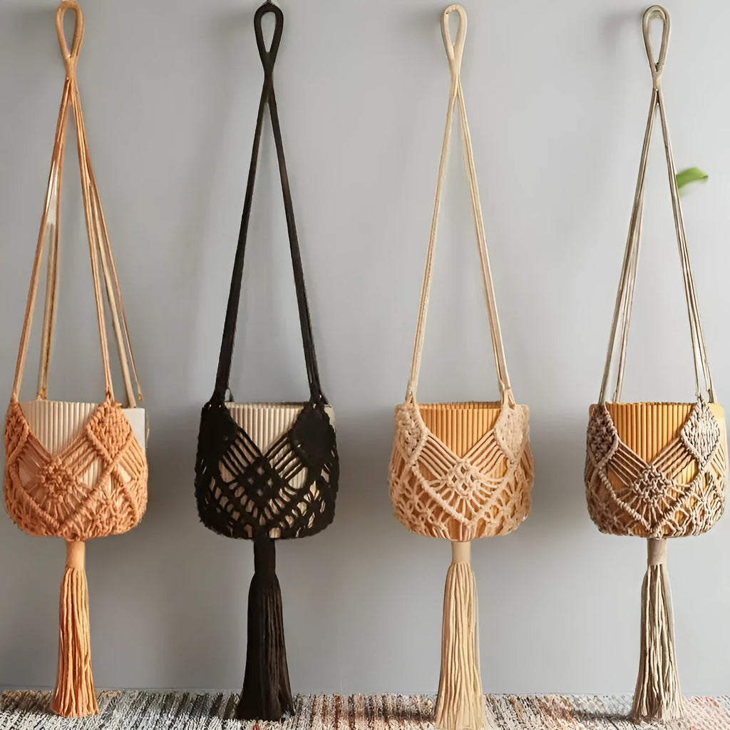 Hand-woven minimalist flower pot in raw cotton colour with an external net pocket for tools.