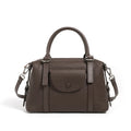 Genuine leather ladies handbag in black, brown, or elephant grey with lock detail and shoulder strap