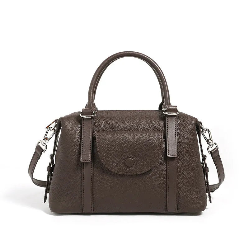 Genuine leather ladies handbag in black, brown, or elephant grey with lock detail and shoulder strap