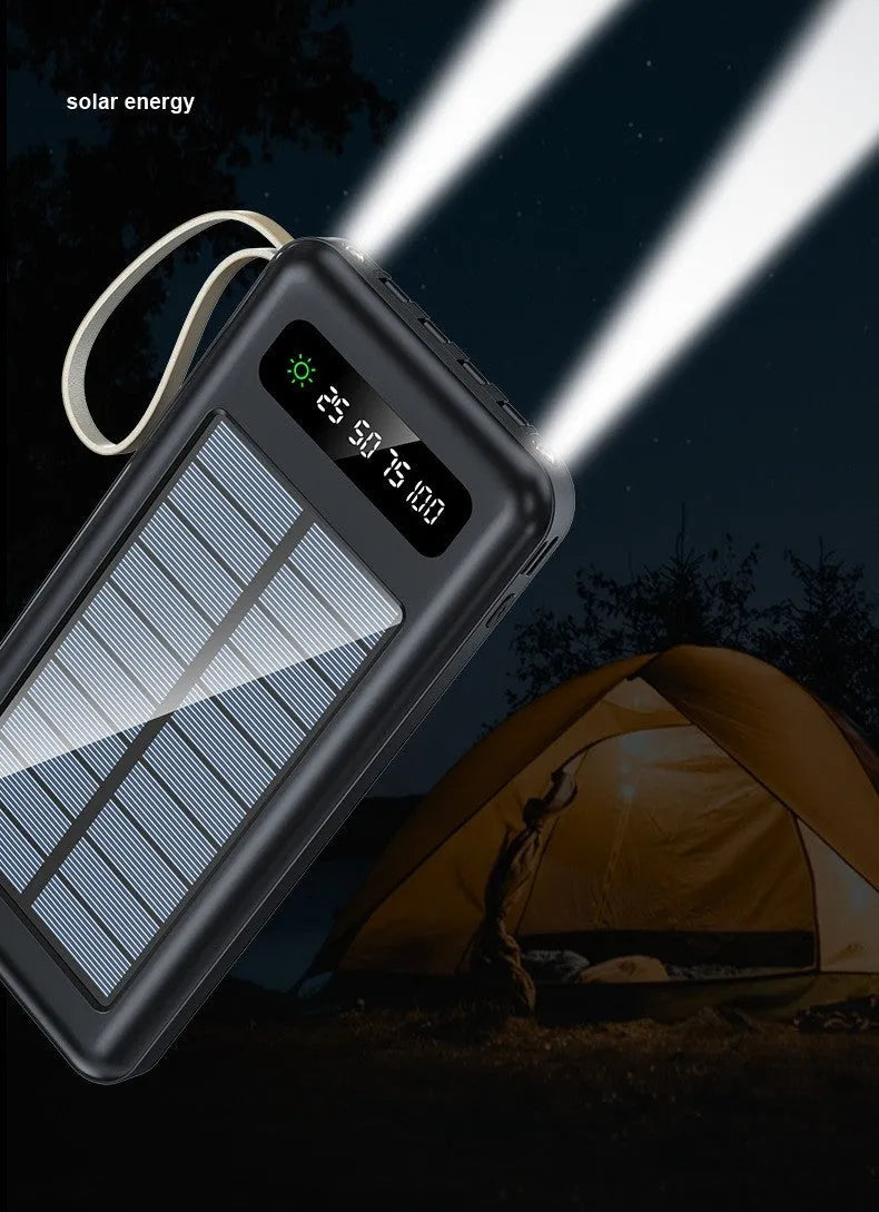 Solar power bank in cool black or ivory white colour showing compact 144mm design with charging port