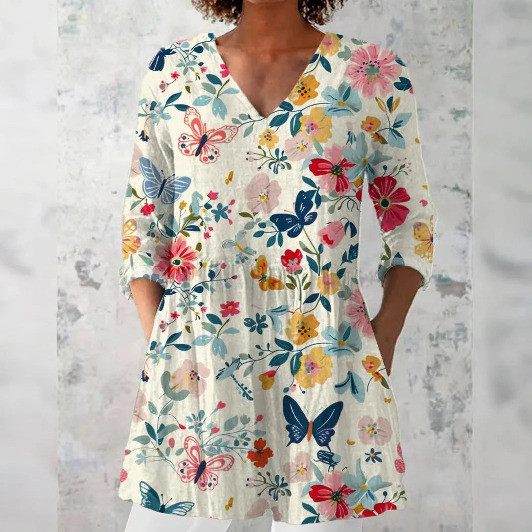 Women's retro slim-fit long-sleeved polyester top with digital printing in various colours